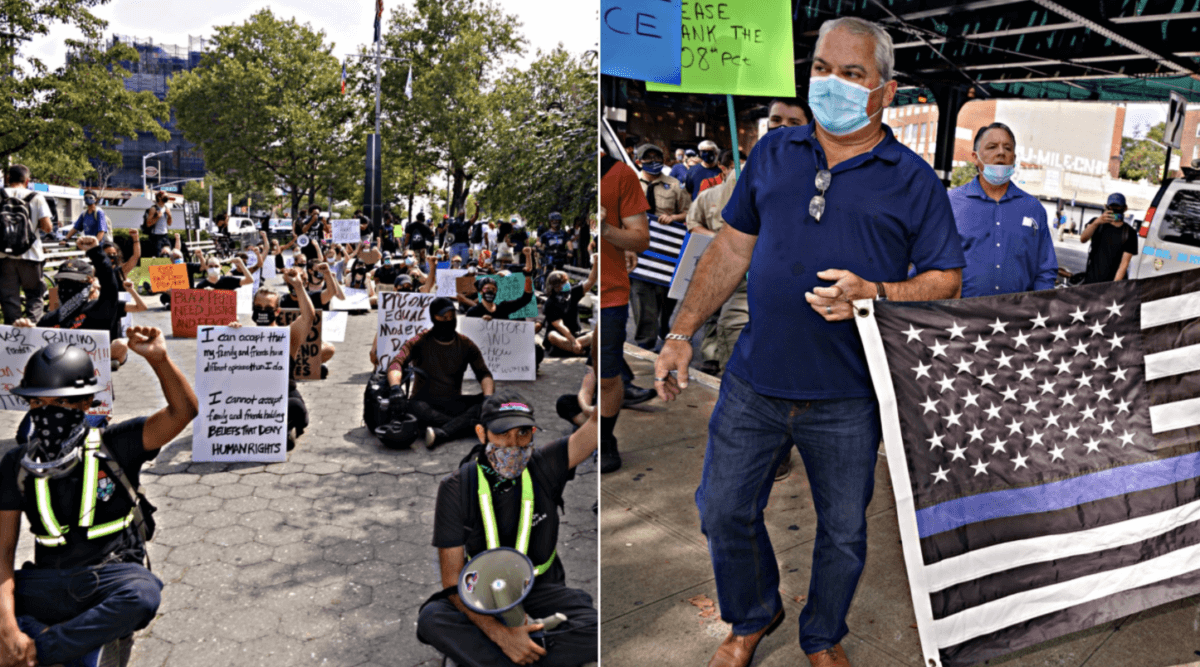Manifestantes de Black Lives Matter y Blue Lives Matter colisionaron  en Woodside